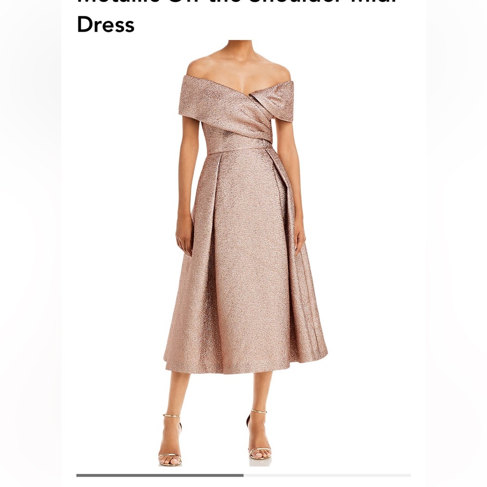 TERI JON BY RICKIE FREEMAN Metallic Off-the-Shoulder Midi Dress Sz 14